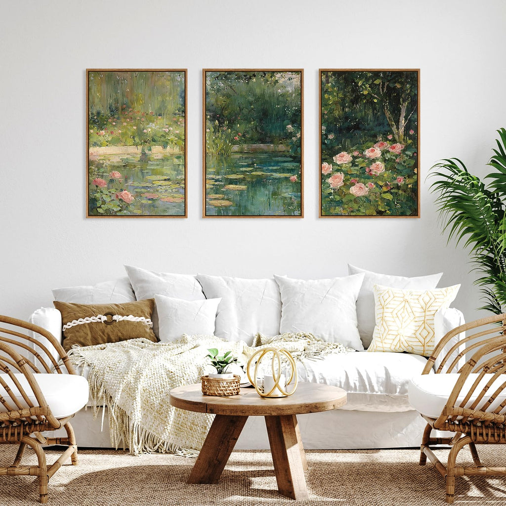 Monet Framed Canvas Wall Art Set, Impressionist Floral Garden Wall Decor, 3 Piece Claude Monet Green Botanical
