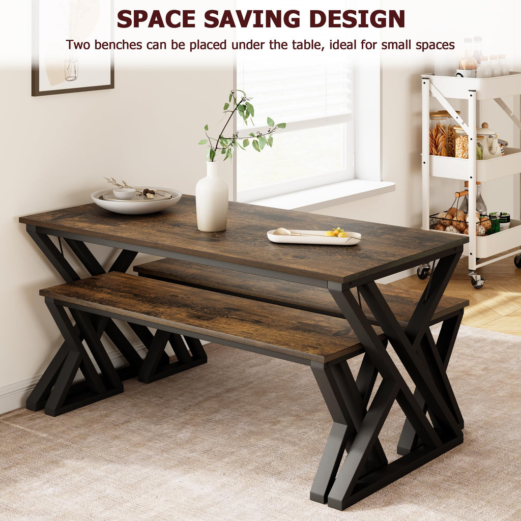 Dining Table Bench Set for 4, Kitchen Table Set with 2 Benches, Rectangular Dining Room Table Set with Sturdy Metal