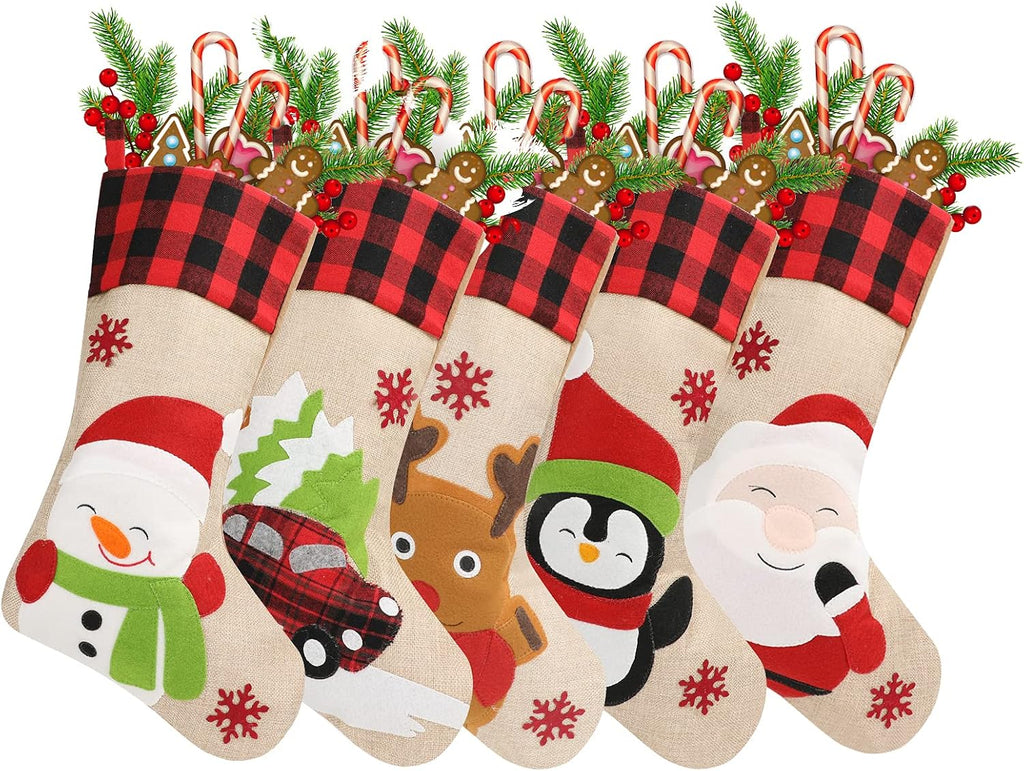 S 5 Pack, 18'' Large Christmas Stockings with Santa Snowman Gnomes Pattern,Classic Buffalo Plaid Cuff,Xmas Ornaments - Set of 5