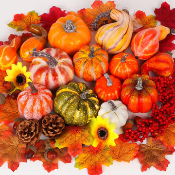 Thanksgiving Artificial Pumpkins Fall Decorations, 88 Pcs Decor- 50 Leaves, 20 Acorns, 2 Pinecones, 14 Fake