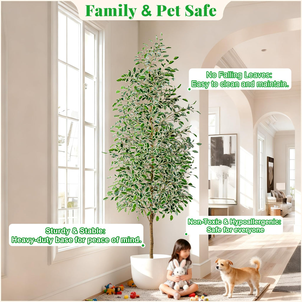 8FT Artificial Ficus Trees Indoor Faux Trees Indoor Fake Floor Plants Tall Artificial Tree with White Pot Faux Tree