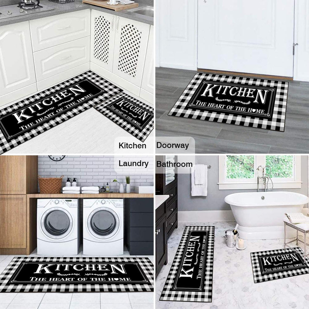 Black and White Buffalo Plaid Kitchen Rug Set of 2, Farmhouse Style Kitchen Floor Mats, Absorbent Checkered Kitchen