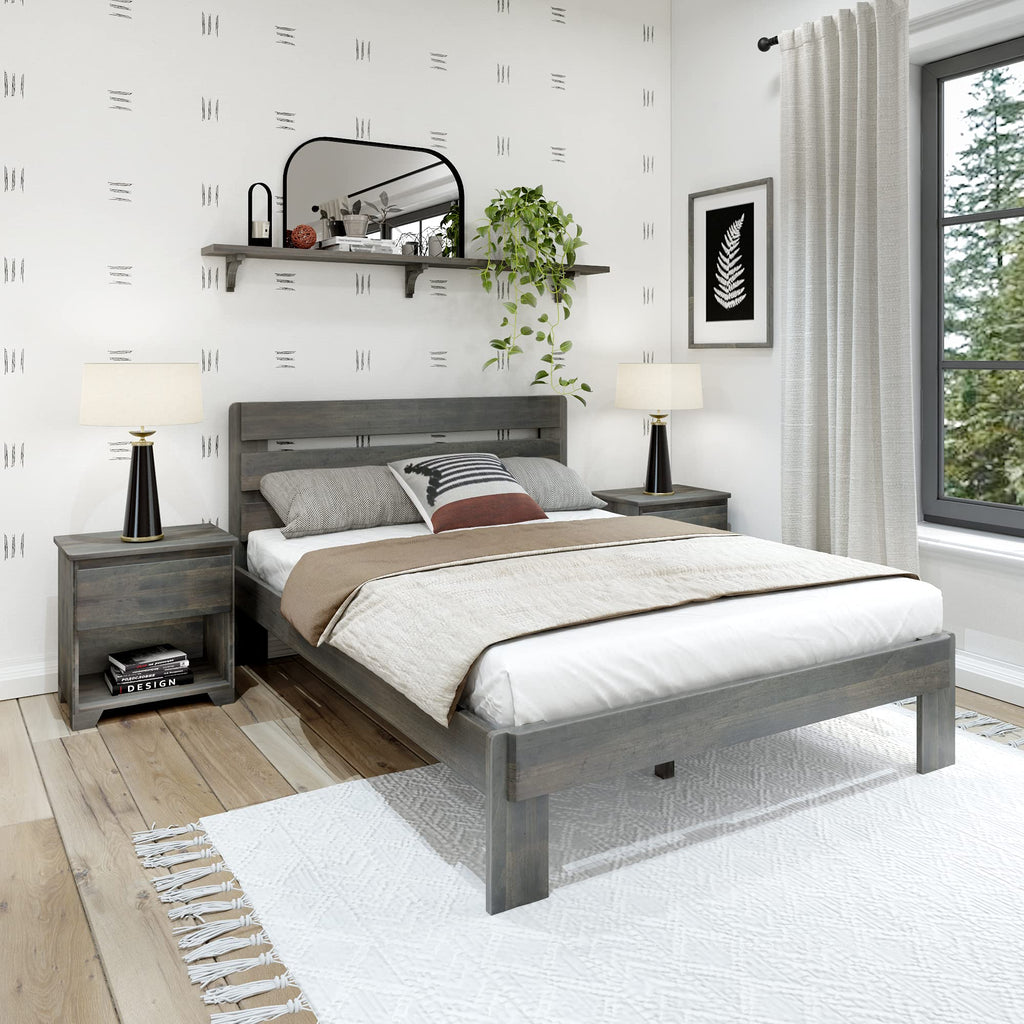 Modern Farmhouse Single Bed (Queen), Plank Headboard, Driftwood