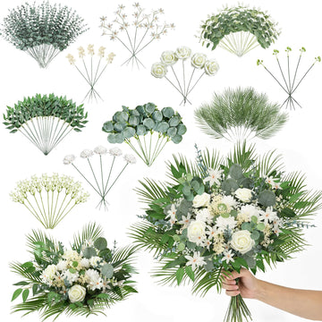 120 Pcs Mixed Artificial Eucalyptus Stems Green & Fake Flowers