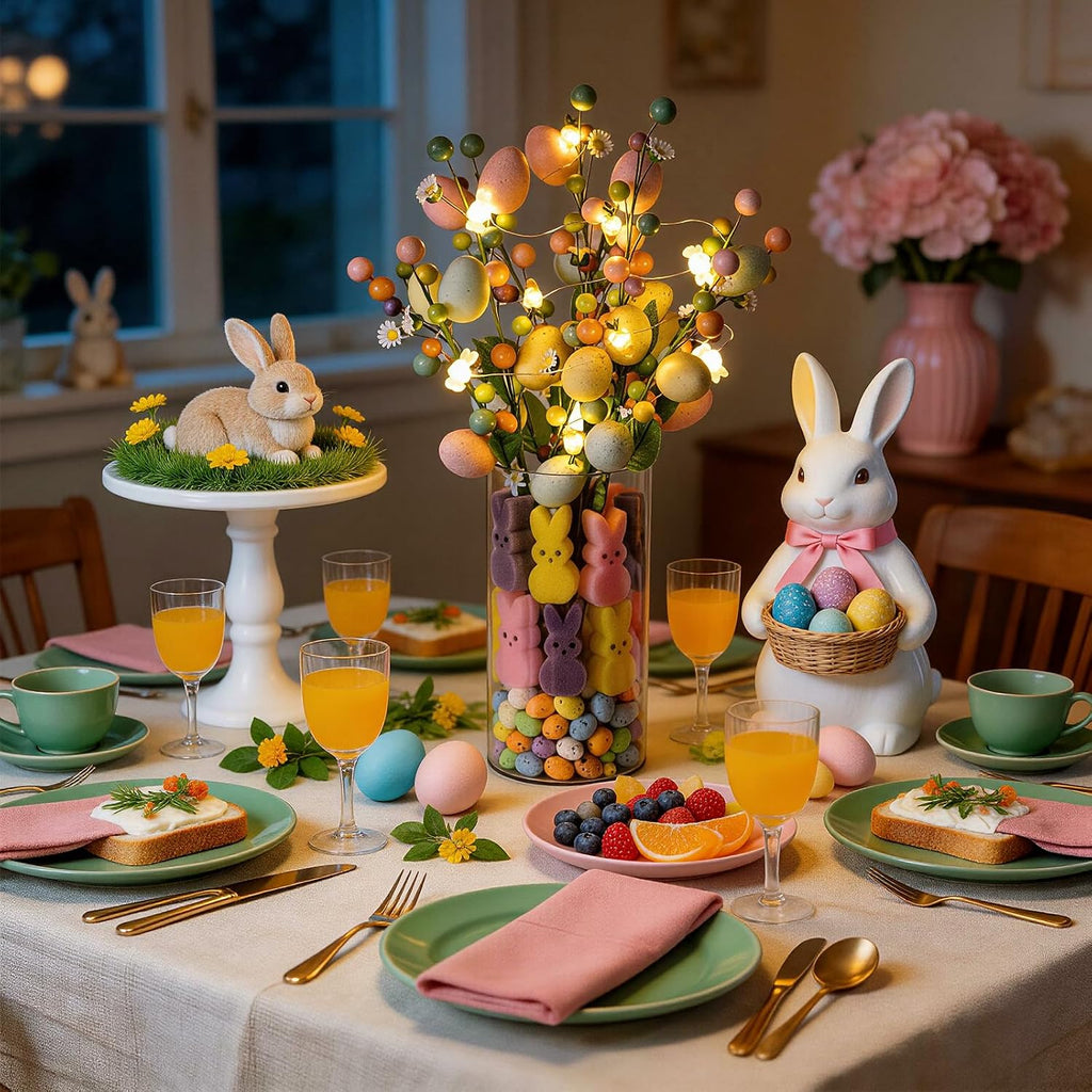 Artificial Easter Berry Picks Branches with Vase, Easter Egg, Bunny, Easter Table Decor, Spring Flowers Picks - Set of 3