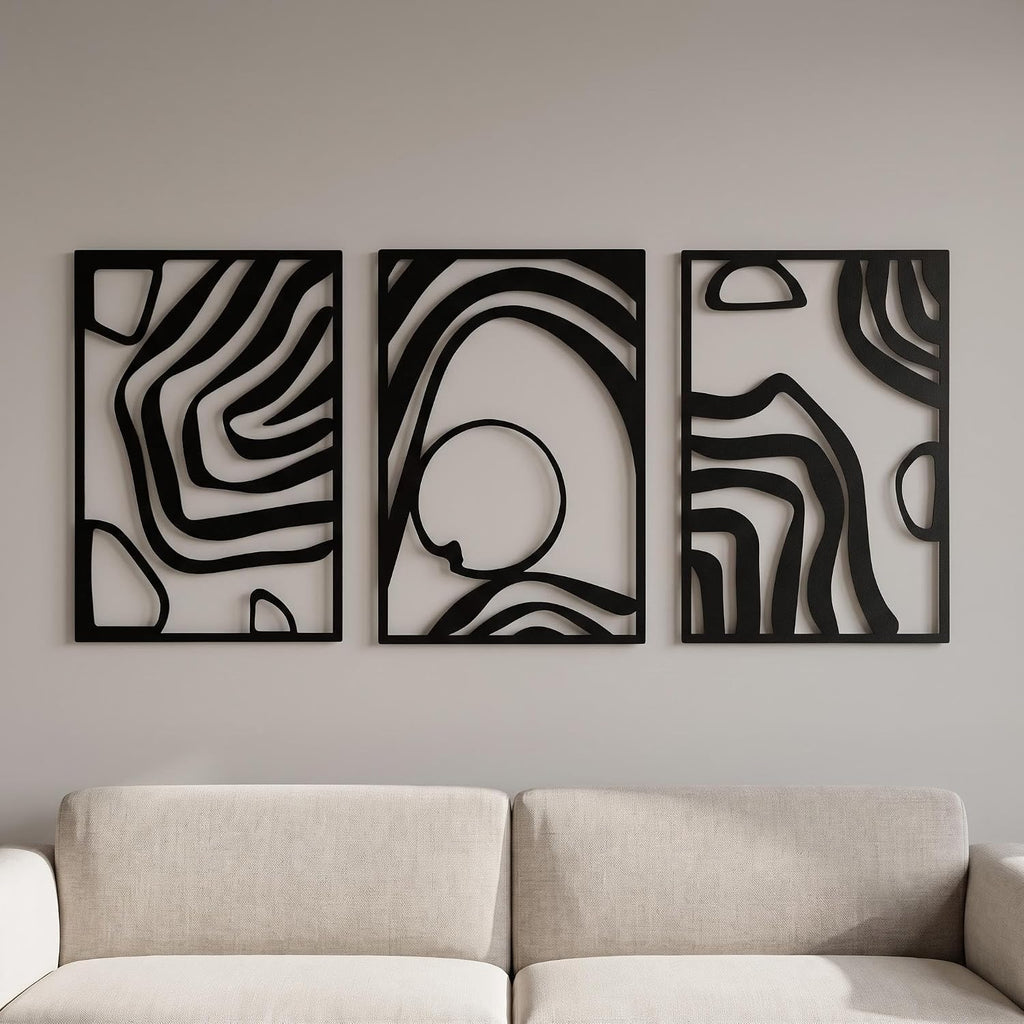 Black Metal Abstract Curve Hollow Wall Sculpture Decor Set - Set of 3