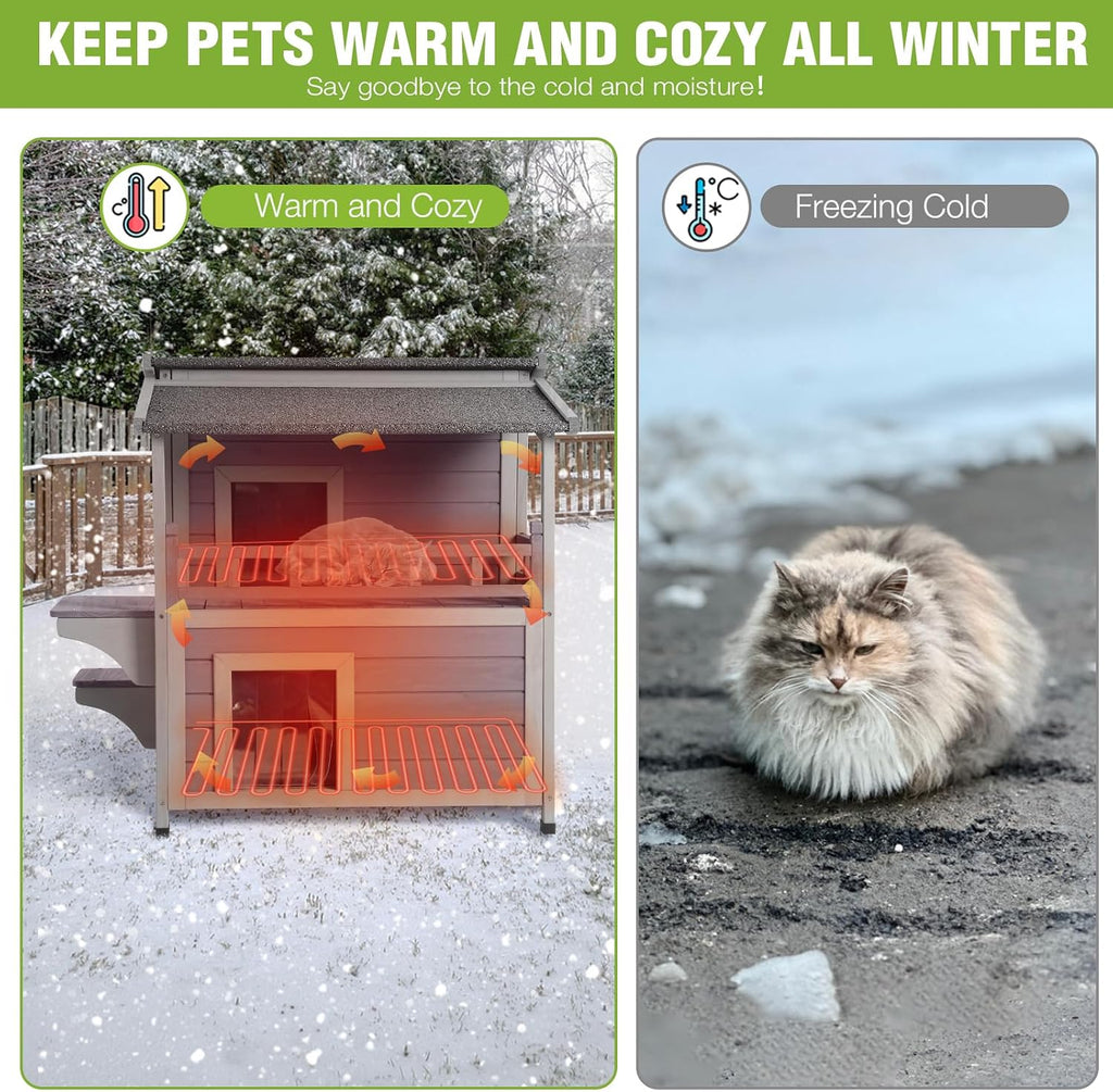 2-Story Heated Cat House Outdoor Insulated Cat House Weatherproof Feral Cat Shelter with Safe Heating Pad, Insulated