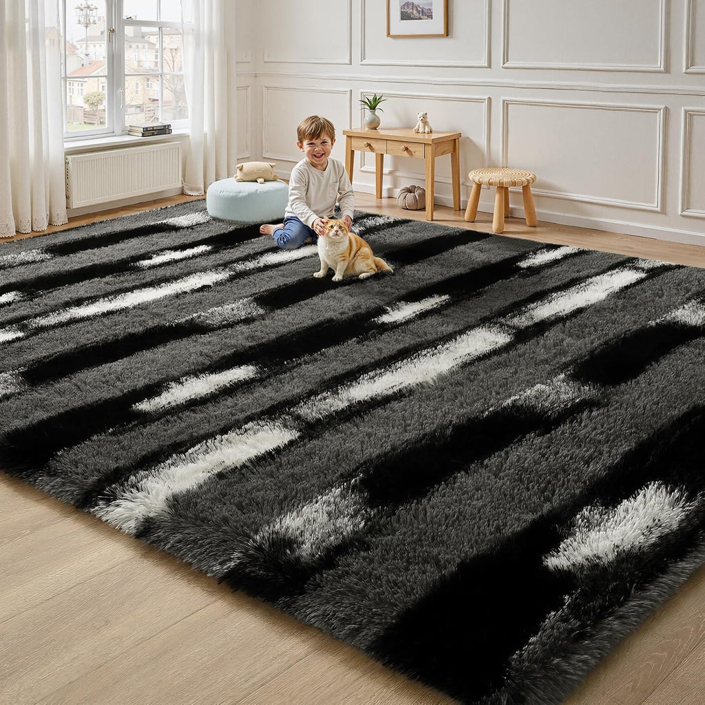 Fluffy Area Rugs for Bedroom Living Room, 4x6 Black and Grey Soft Plush Striped Rug, Modern Indoor Non Slip Washable