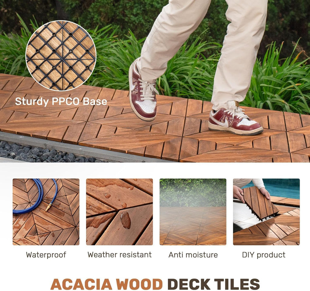 10 PCS Interlocking Deck Tiles, 12" x 12" Acacia Wood Patio Tiles with Diagonal Pattern, Weather-Resistant Snap