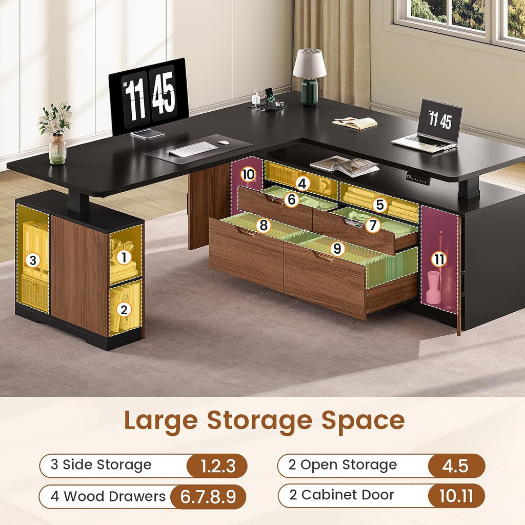 Modern L Shaped Executive Electric Standing Desk with 4 Drawers | 69" x 55" Height Adjustable Office Desk with
