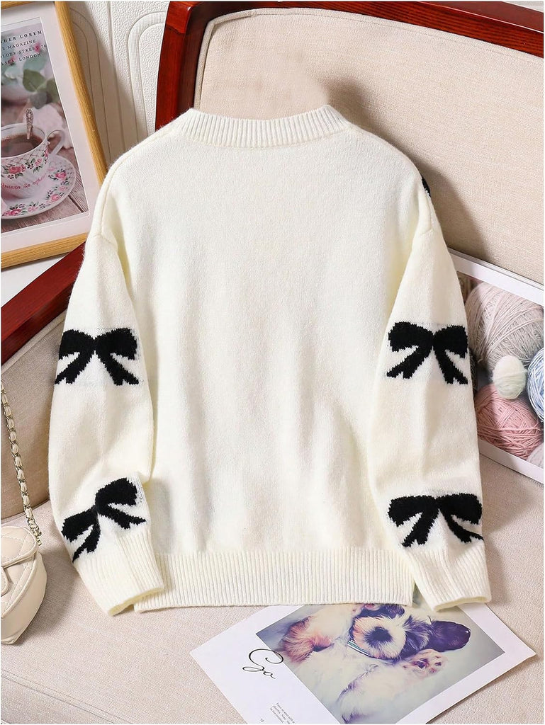Girl's Bow Graphic Sweaters Long Sleeve Knit Tops Knitwear