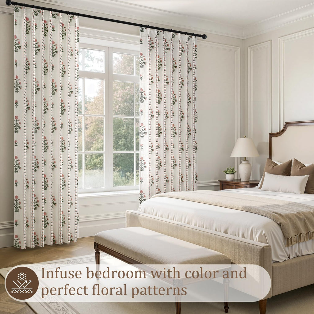 Floral Pinch Pleated Linen Curtains for Living Room Bedroom Dining Room Farmhouse, Light Filtering Memory Trained
