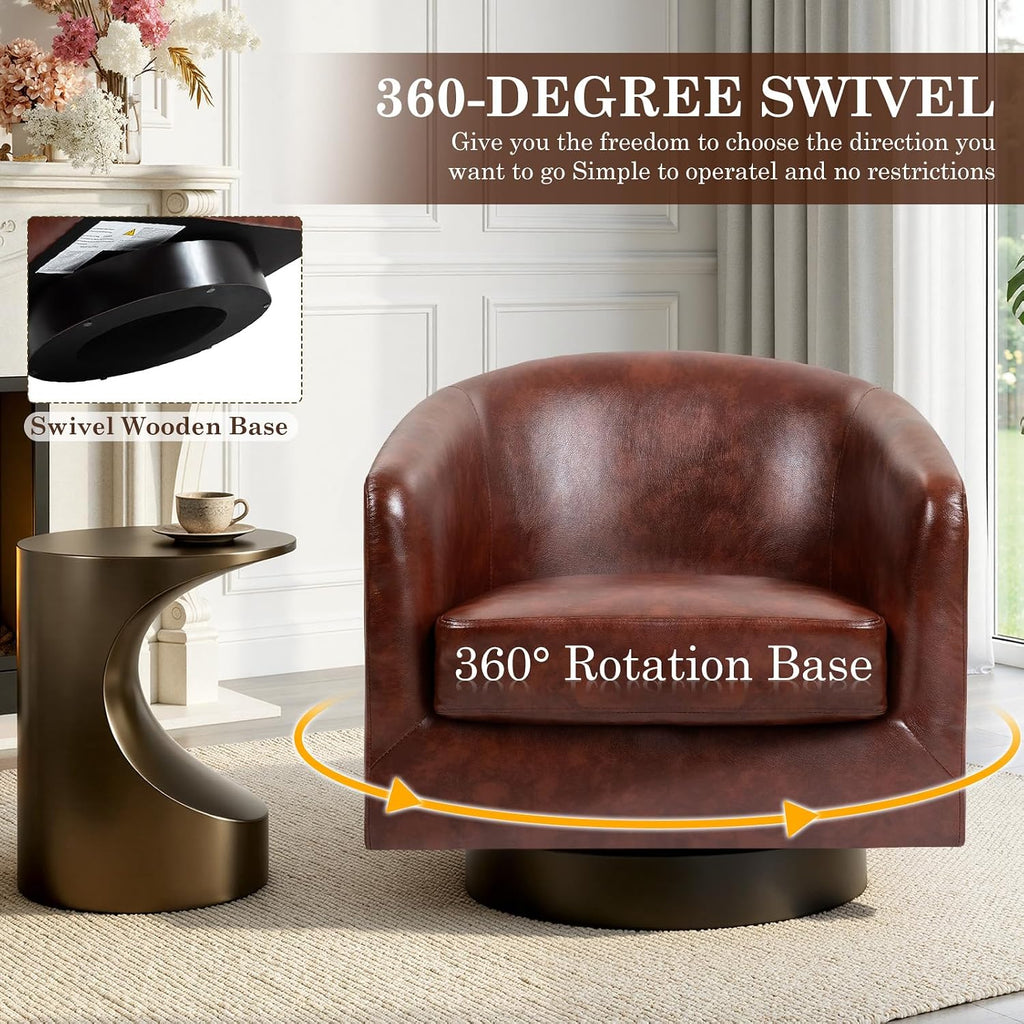 Faux Leather Swivel Accent Chair, Barrel Club Armchair, Red Brown