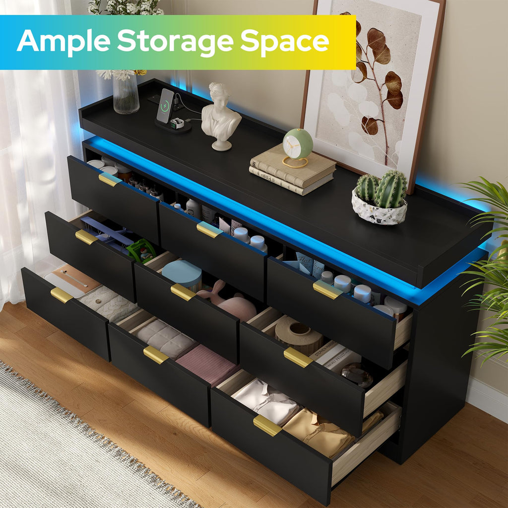 9 Drawer Dresser, Black Dresser with LED Lights and Power Outlet, Large Wooden Dressers Modern Chest of Drawers