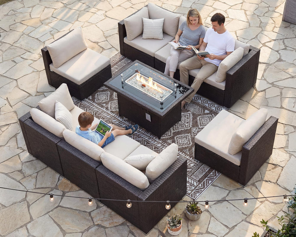 9 Piece Patio Furniture Conversation Set, Extra Large Size Outdoor Rattan Sectionals with Fire Pit Table Natural Gas