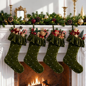 Velvet Christmas Stockings Set of 4, Pearls Ruffled