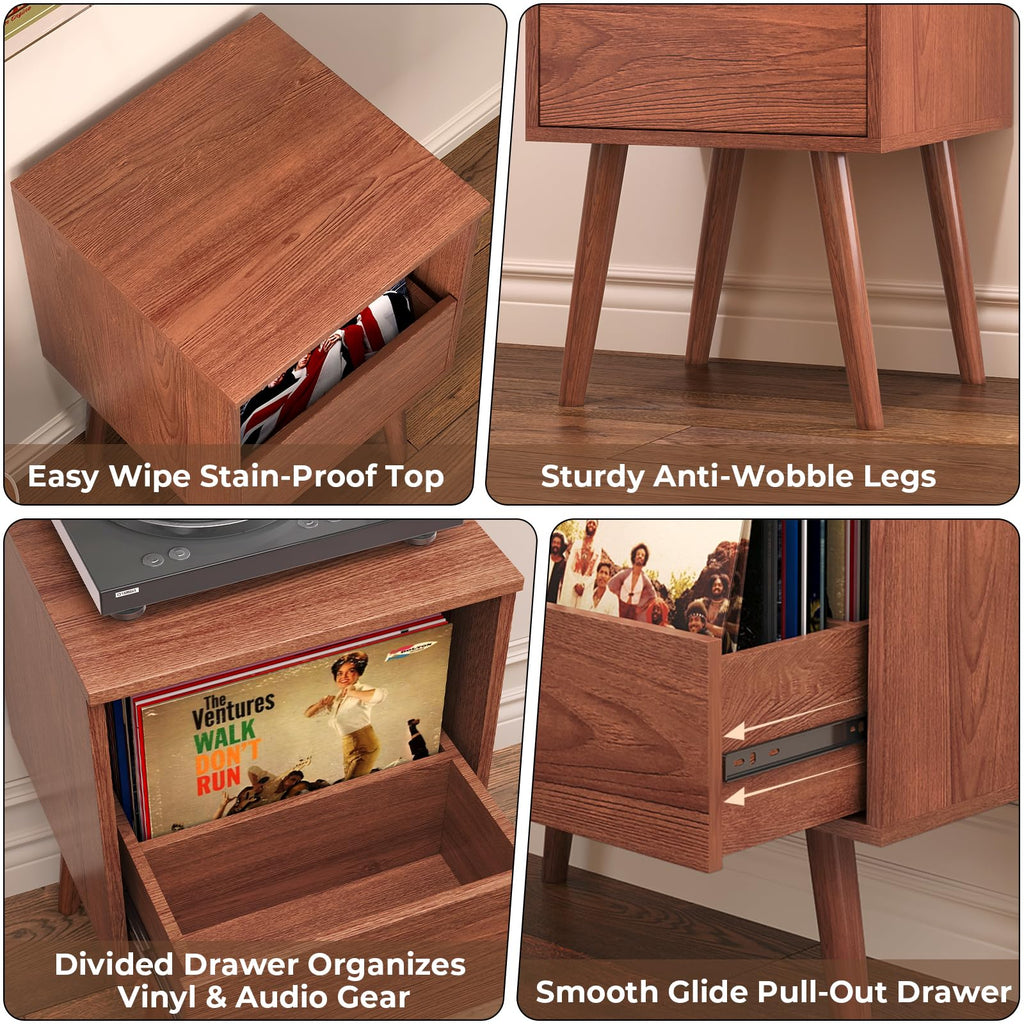 Mid Century Modern Record Player Stand with Vinyl Storage, Brown