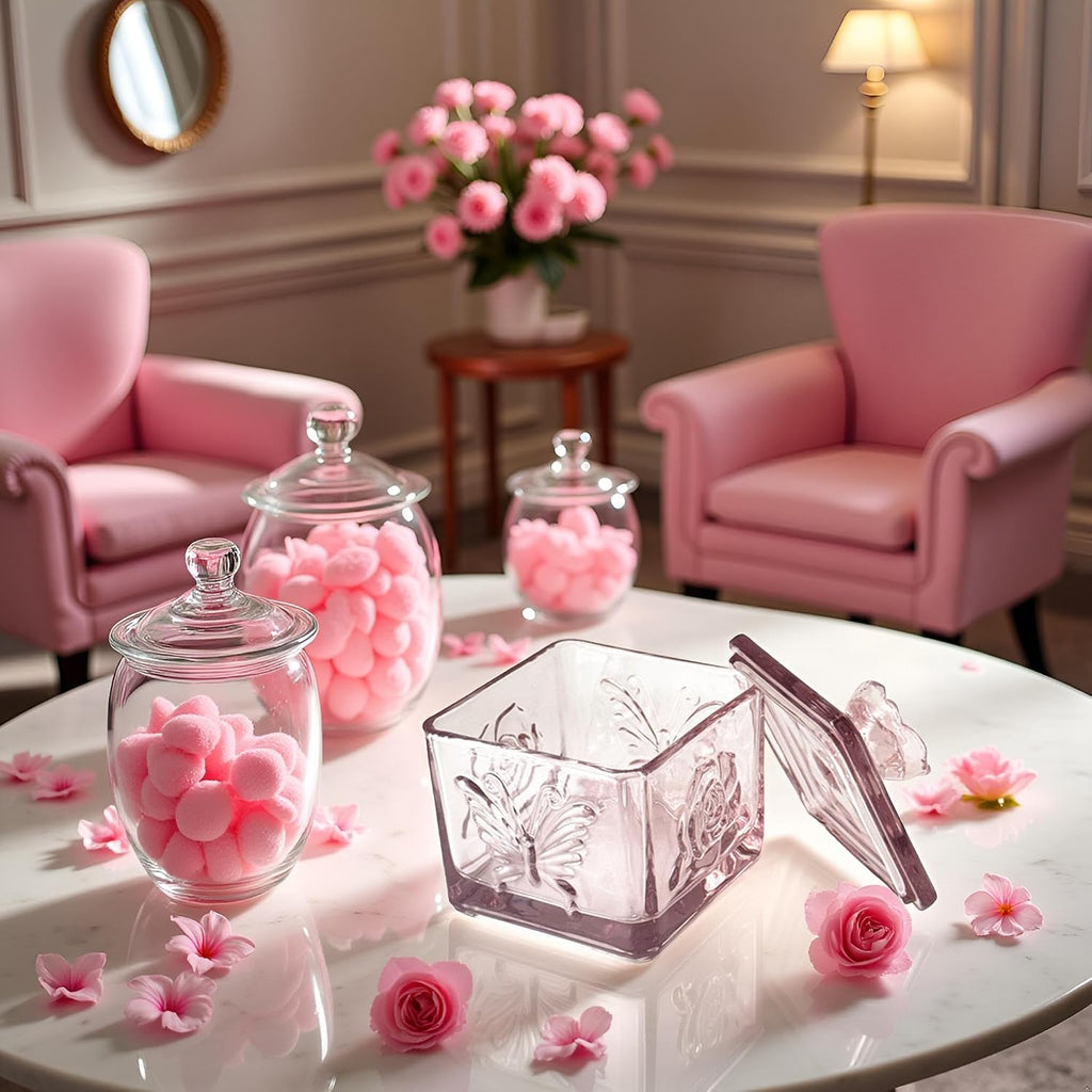 Pink Glass Candy Box - Cute Glass Jar with Lids for Storage Cookie, Vintage Candy Jar Dish Desk Buffet