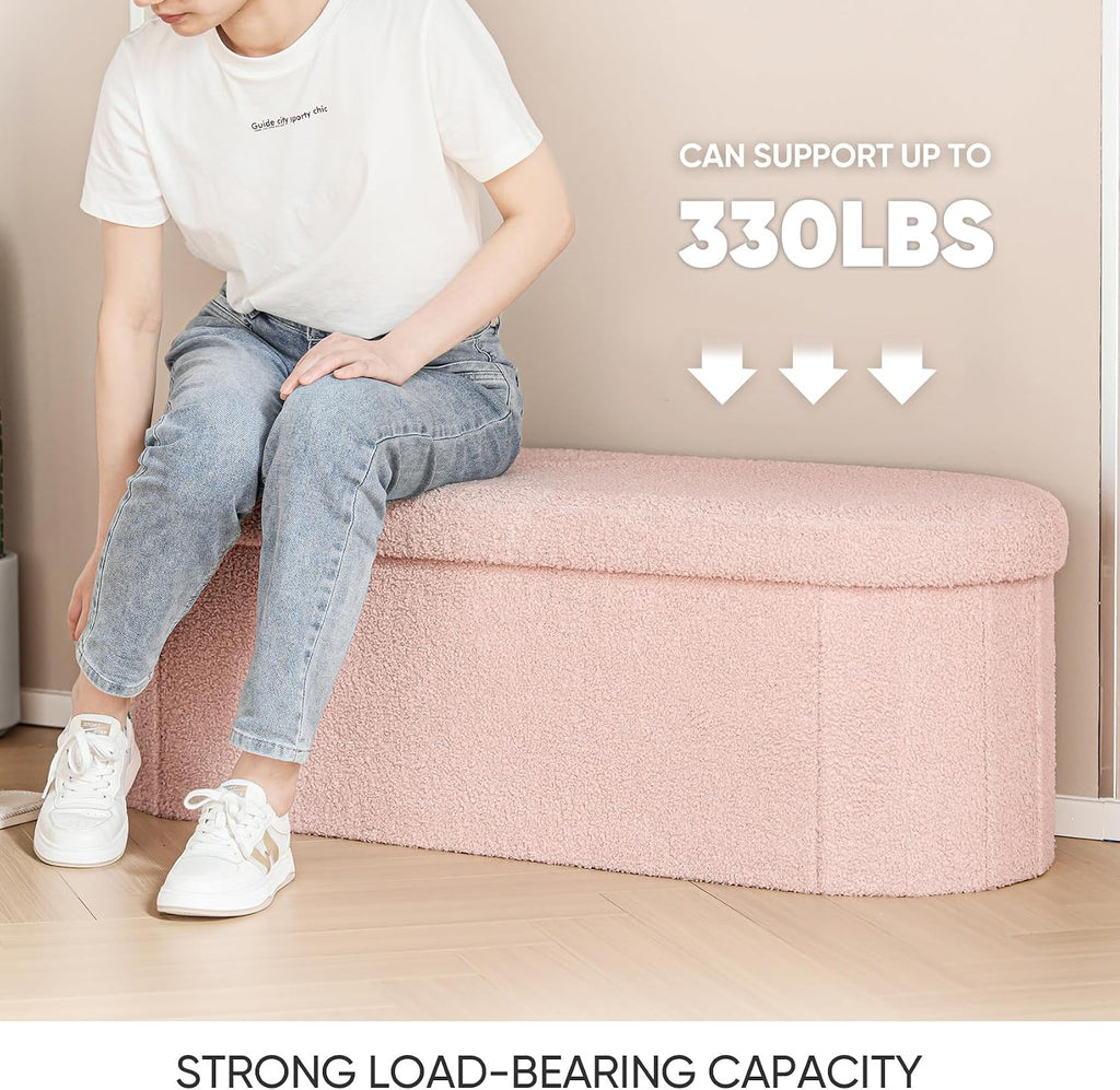 Ottoman with Storage , Sherpa Folding Storage Ottoman Foot Rest, 43.3 Inches Collapsible Bedroom Bench Pink
