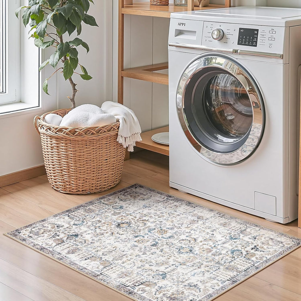Distressed Vintage Medallion Area Rug, 2x3 Blue, Washable Non Slip