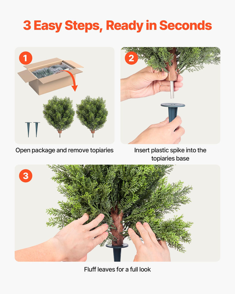 Artificial Topiary Cypress Trees with Ground Spike, 16 inch 2 Set Faux Shrubs & Bushes Potted Plants, Fake Silk Tree