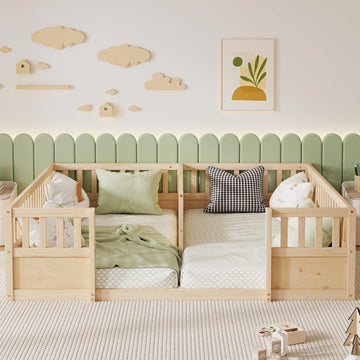 Double Bed with High Fence, Montessori Floor Bed for 2 Kids, Natural