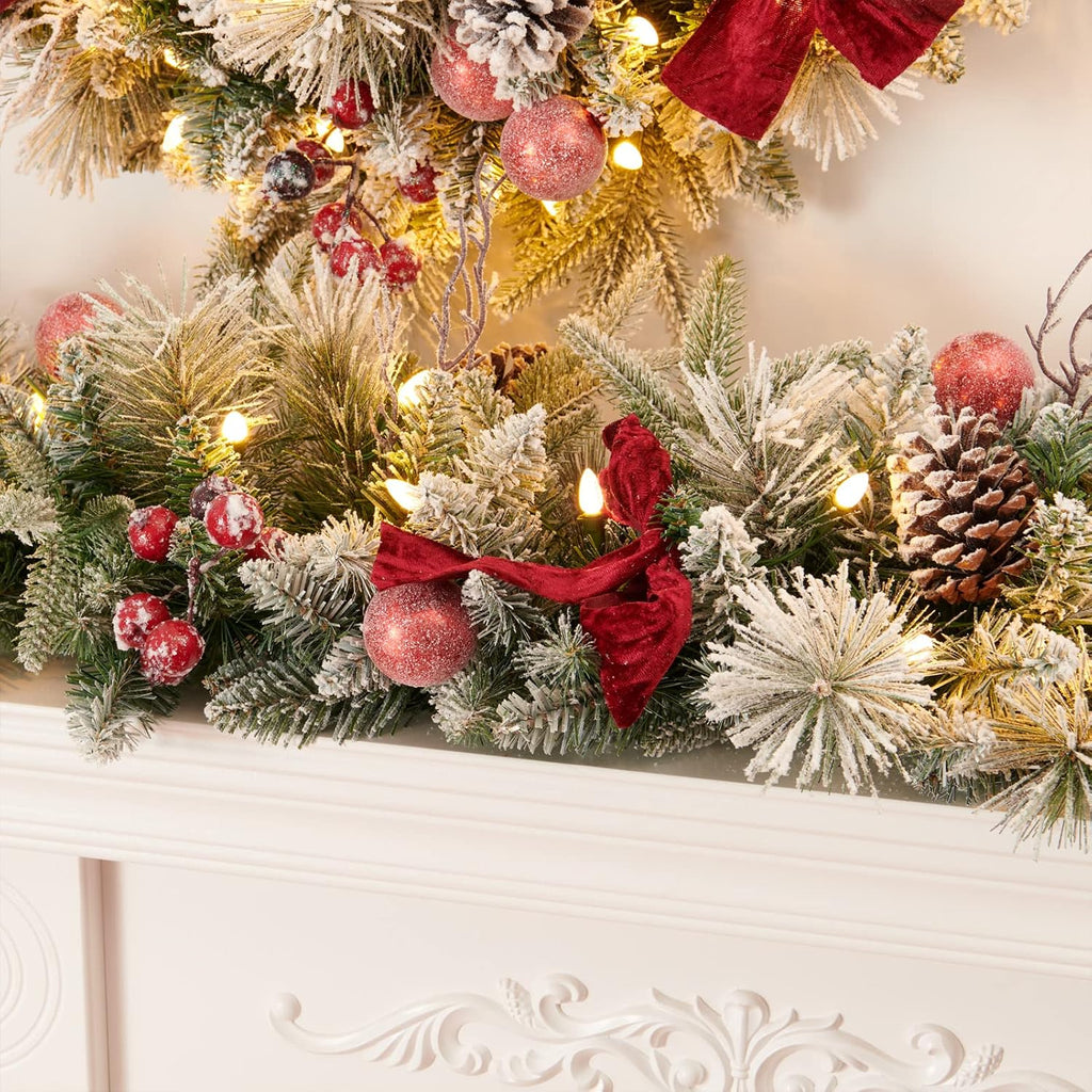 9FT Pre-lit Flocked Snow Christmas Garland, Berries and Bows and 50 Lights, Plug , Holiday Decoration Fireplace
