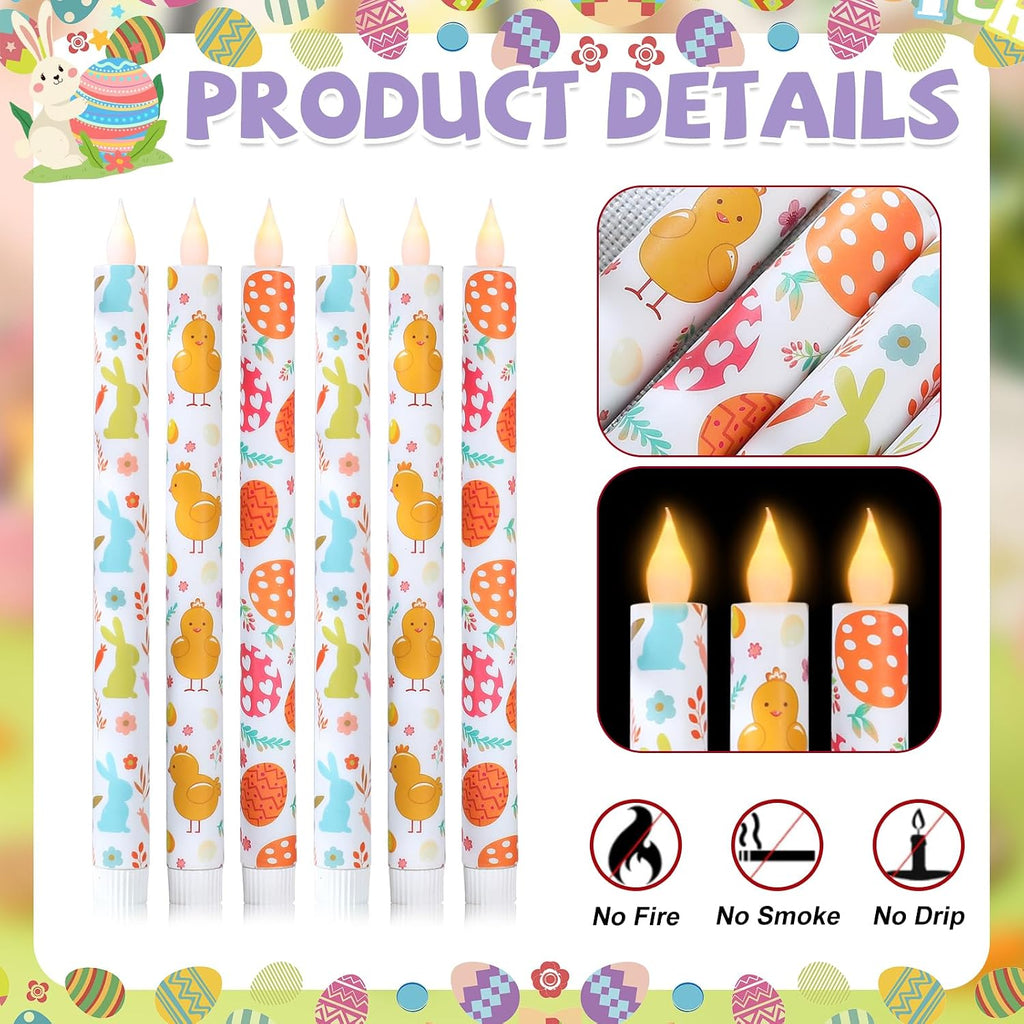 Easter Taper Candles - 10.6" Battery Operated Flameless LED Candles with Bunny, Chick & Egg Patterns, Flickering - Set of 6