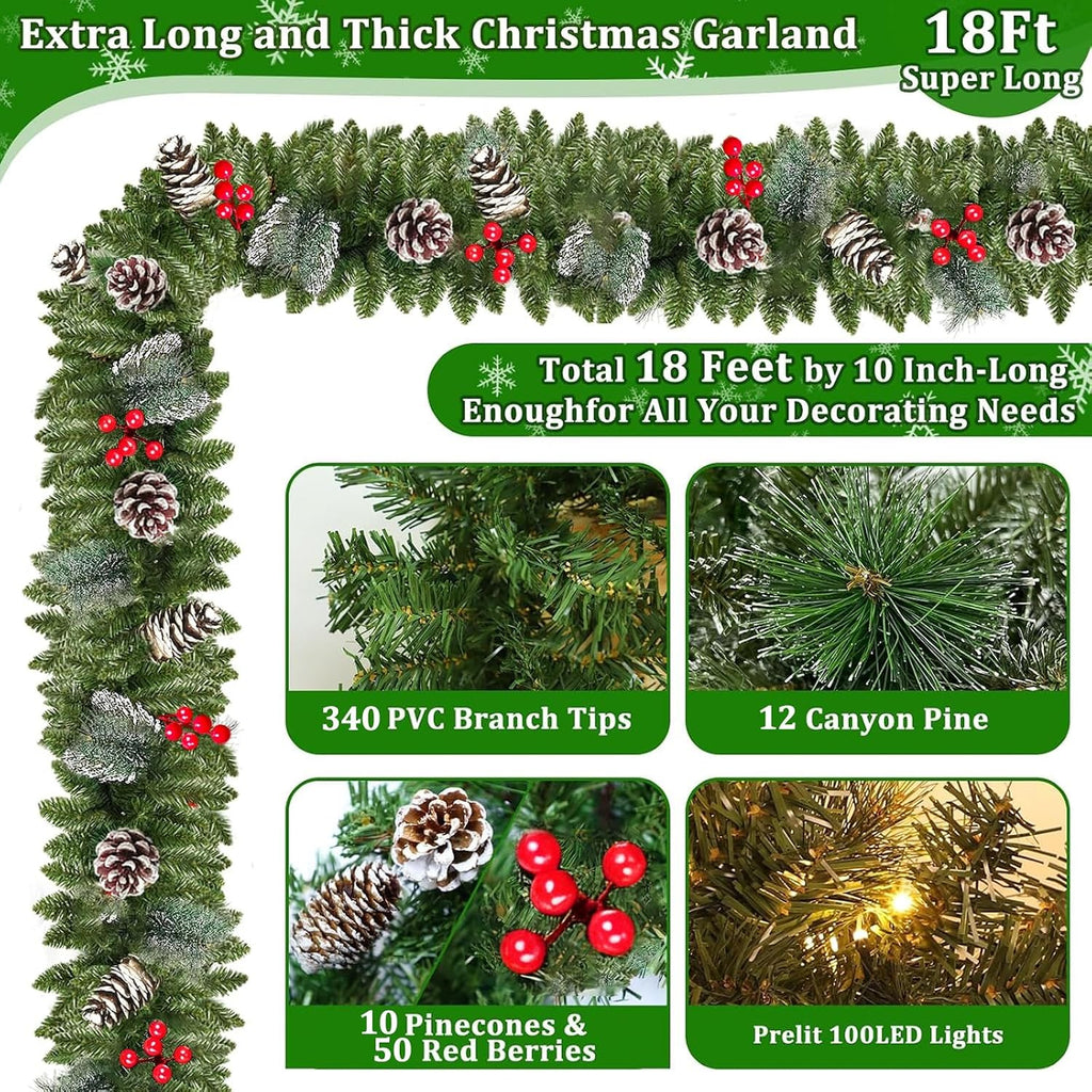 Remote Control&Super Long&8 Modes-18 Ft Prelit Canyon Pine Christmas Garland for Stairs Door Porch Outdoor Indoor