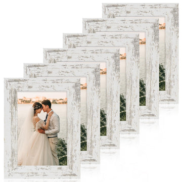 4x6 Picture Frame Set of 6, White Rustic Frame with High Definition Real Glass, 4 x 6 Wood Photo Frames for Tabletop