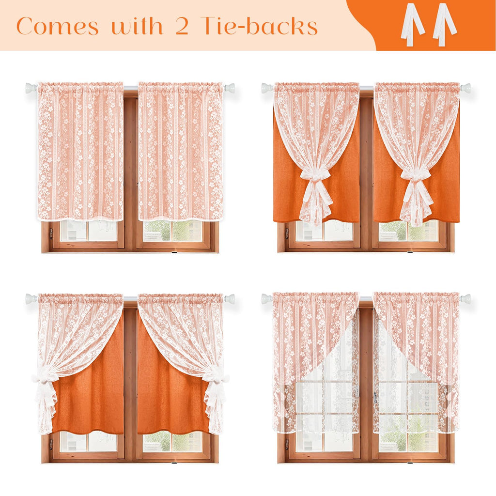 Linen Kitchen Curtains Double Layers Window Curtain with Linen Lace, Farmhouse Cafe Curtain 36 Inch Length Rod