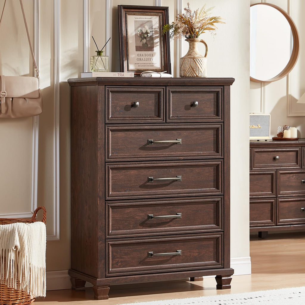 Farmhouse 6 Drawer Dresser, 45 Inch Tall Vintage Wood Chest of Drawers, Mid-Century Dressers w/Square Wooden Legs