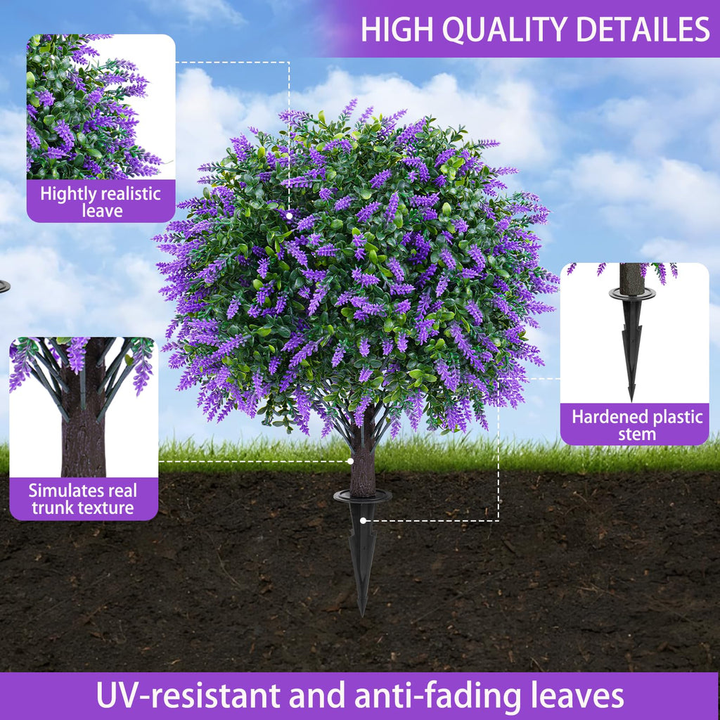 Lavender Topiary Ball Trees with Ground Spike, 2 Pack 16 Inches UV Resistant Artificial Shrubs, Fake Evergreen