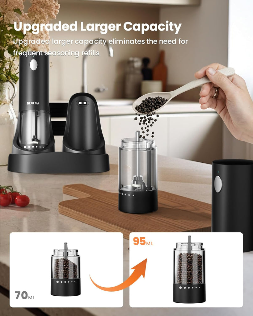 Electric Salt and Pepper Grinder Set with Rechargeable Base - Automatic Refillable Electric Salt and Pepper Shakers - Set of 2
