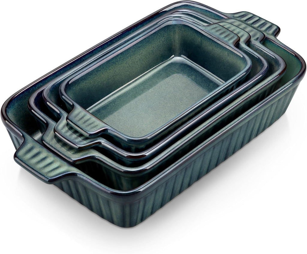 Ceramic Casserole Dishes for Oven, Reactive Glaze Dishes Set of 4, Deep Rectangular Lasagna Pans with Handles