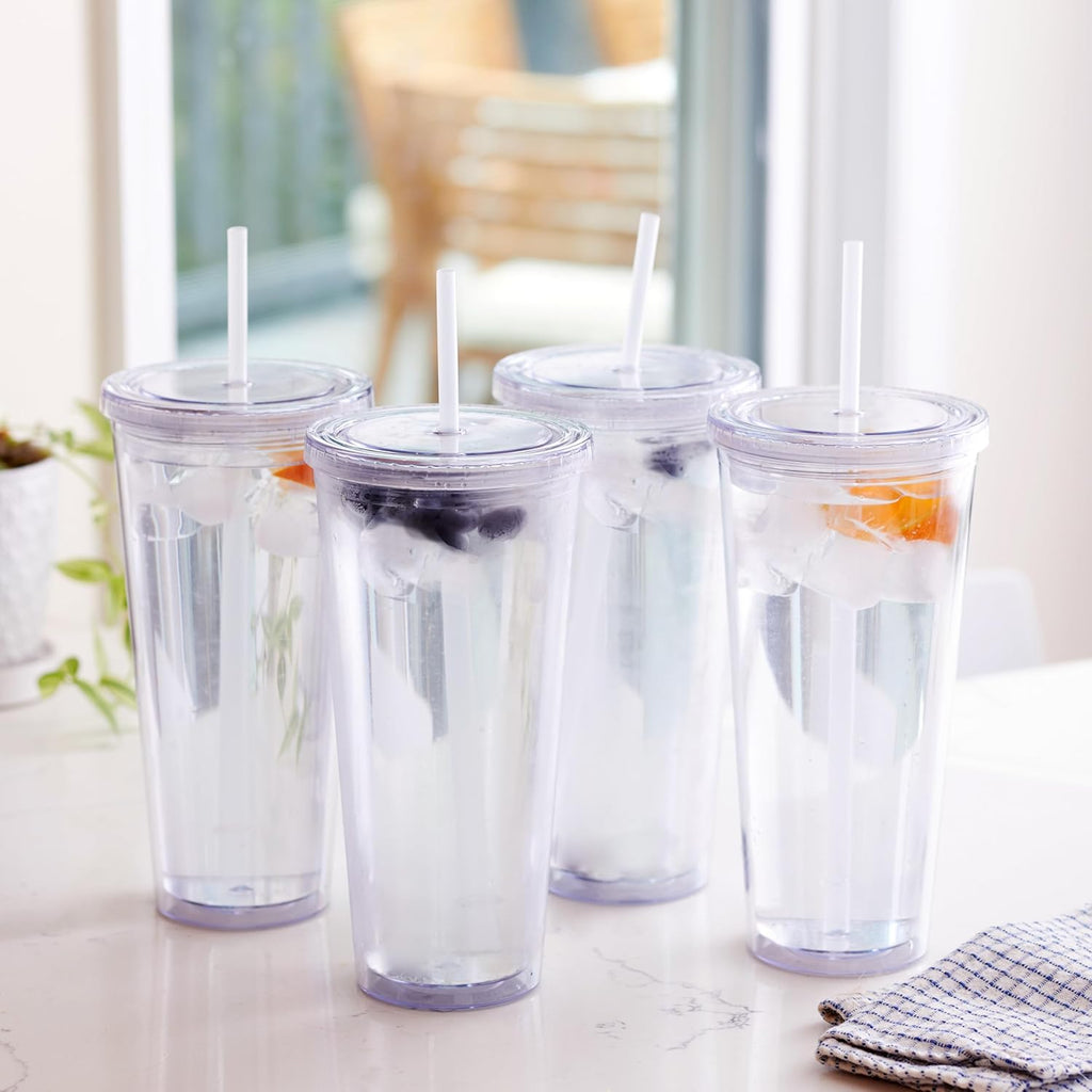 24oz Double Wall Plastic Tumblers with Lids and Straws | Large Classic Travel Tumbler | 6 Pack Set of 6 | Clear