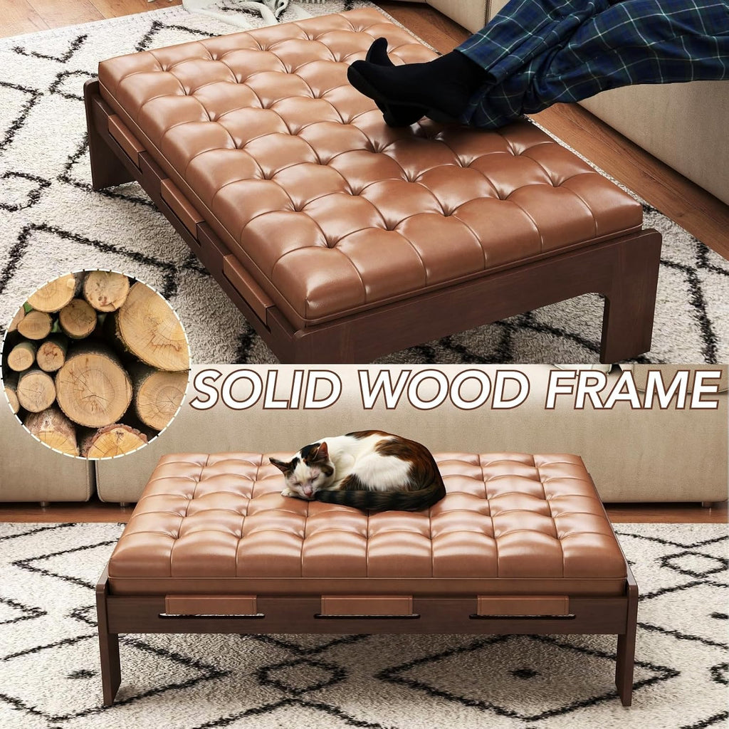 47.75" Large Rectangle Ottoman Coffee Table, Tufted Faux Leather Upholstered Living Room Coffee Table with Solid Wood