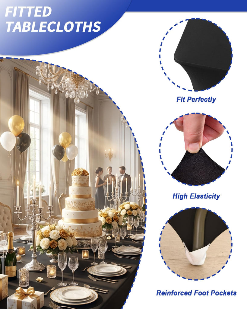 2 Pack 8FT Black Tablecloth Rectangle Spandex Fitted Table Cover