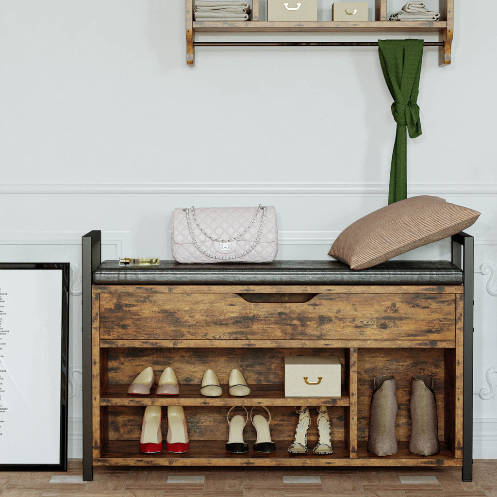 Shoe Storage Bench, Entryway Bench with Lift Top Storage Box, Metal and Board Bench, Two Tier Shoe Rack Organizer