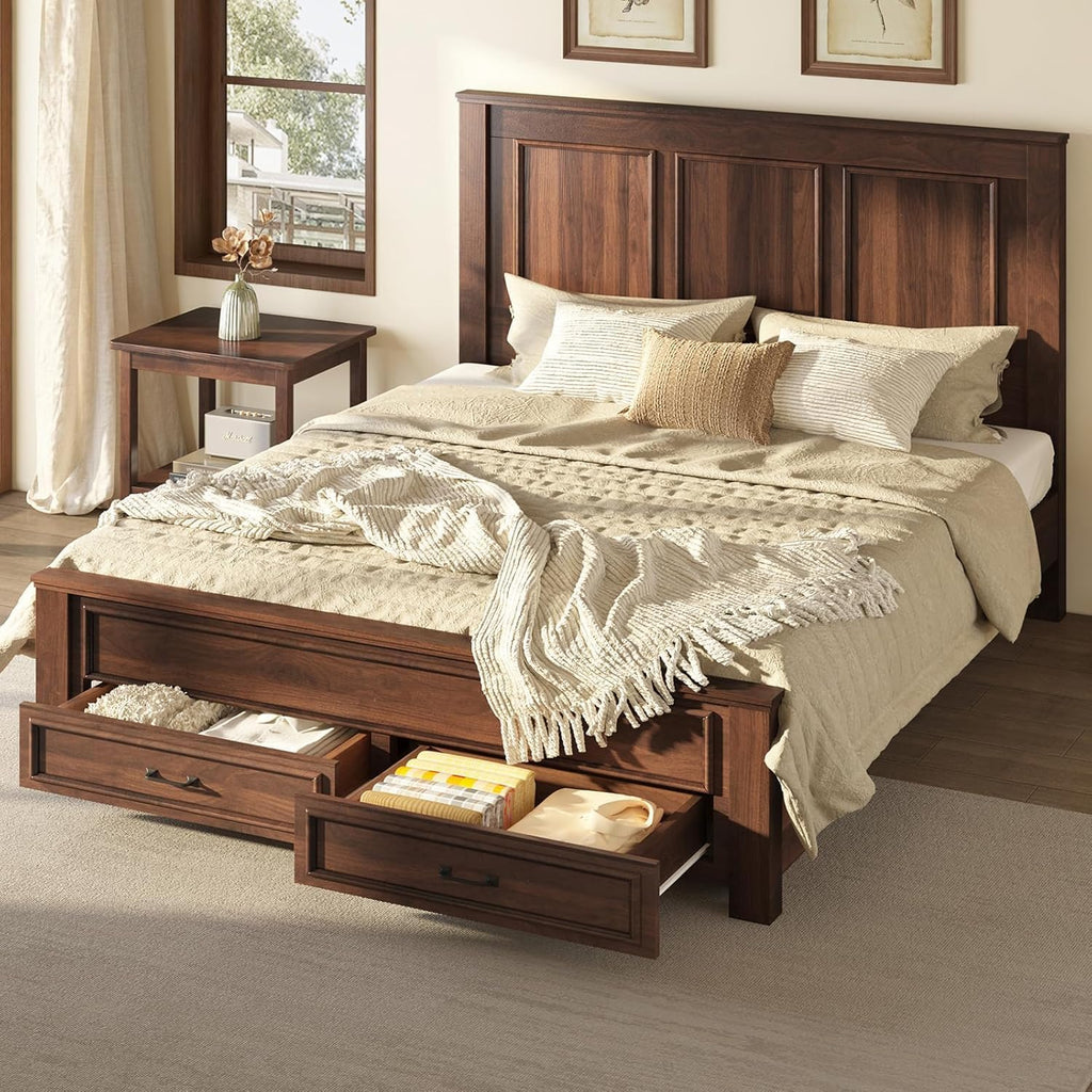 52.2" Farmhouse Bed Frame with Headboard, Rustic Brown