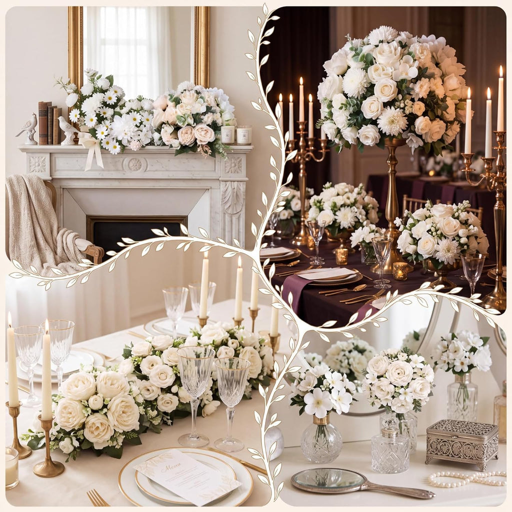 White 8 Bundles Artificial Flowers Bulk Peony Rose Hydrangea Bouquet - Set of 8