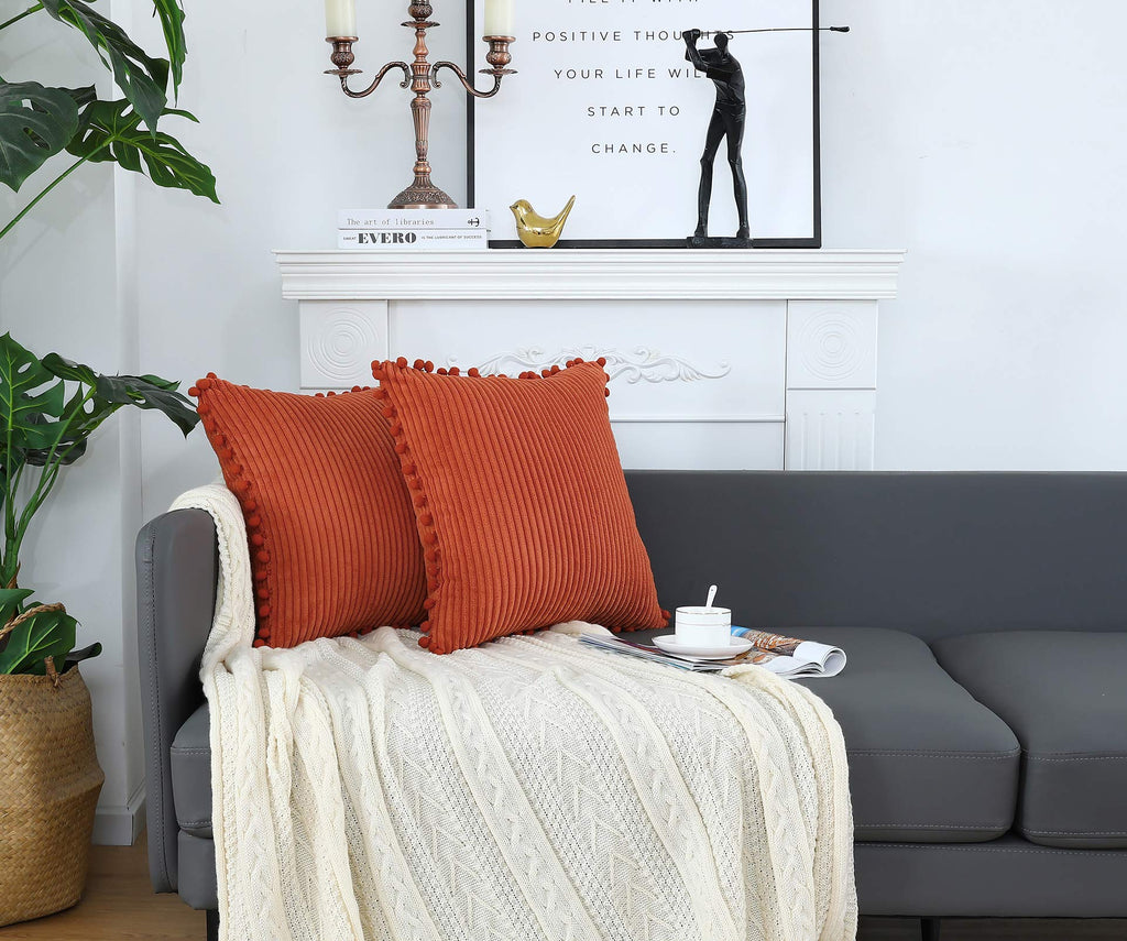 Burnt Orange Striped Corduroy Throw Pillow Covers 18x18 Pack of 2