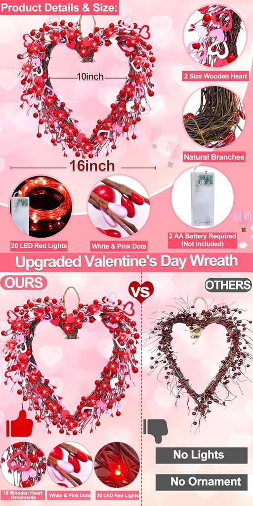 Valentine's Day Wreath Decoration with 20 Red LED Lights Timer Wood Hearts, Battery Operated 16 Inch Valentines Door