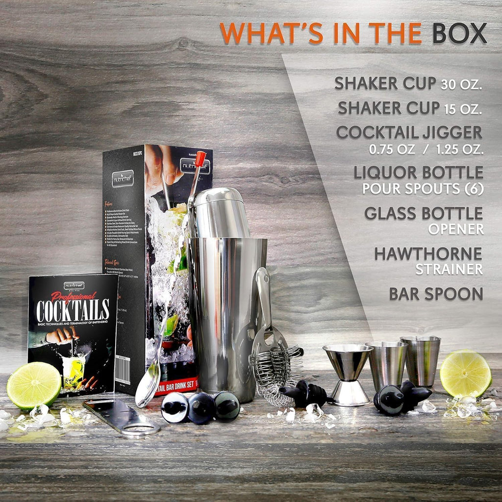 Mixology Bartender Cocktail Shaker Set - Includes 15 & 30 oz Stainless Steel Shakers, 6 Bottle Pourers & More - Set of 15