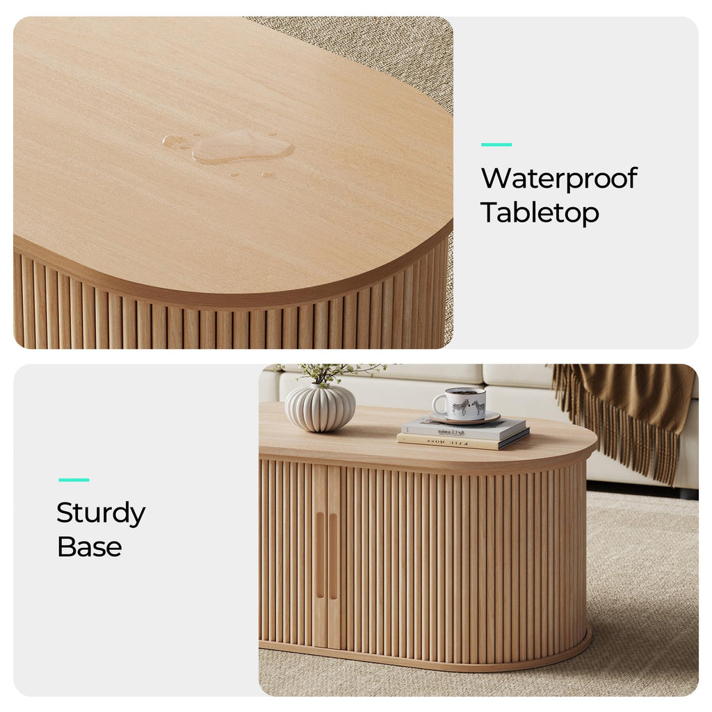 Lift Top Coffee Table, Oval Fluted Coffee Table with Storage, Boho Wooden Coffee Tables with Sliding Tambour Door
