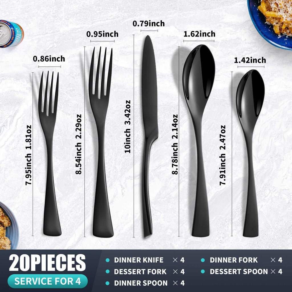 20 Pieces Black Silverware Set Service for 4, Modern 18/10 Stainless Steel Flatware Cutlery Set, Utensil Set Restaurant
