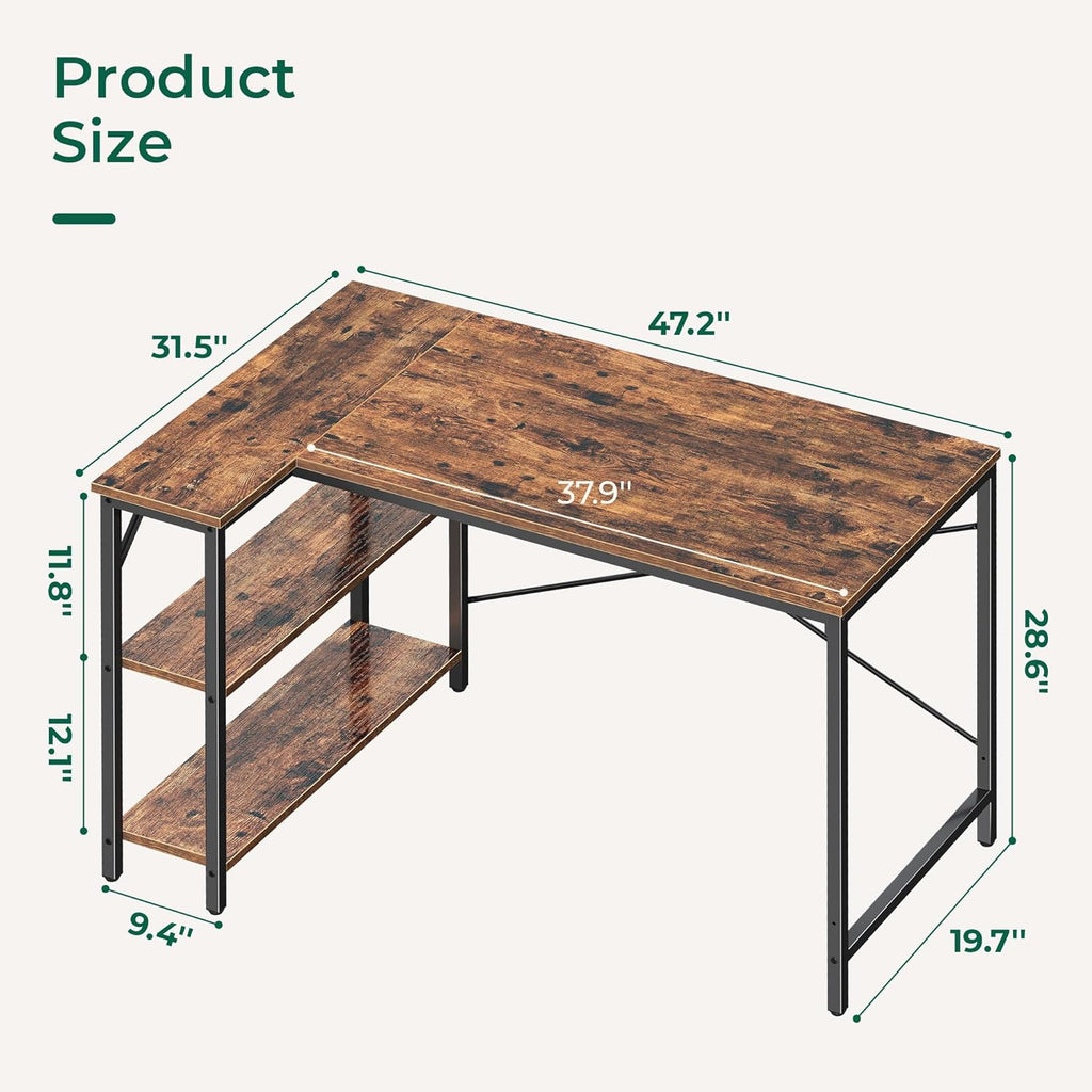 47 Inches L Shaped Desk, Computer Desk with Reversible Storage Shelves, for Gaming Corner Home Office Writing Study