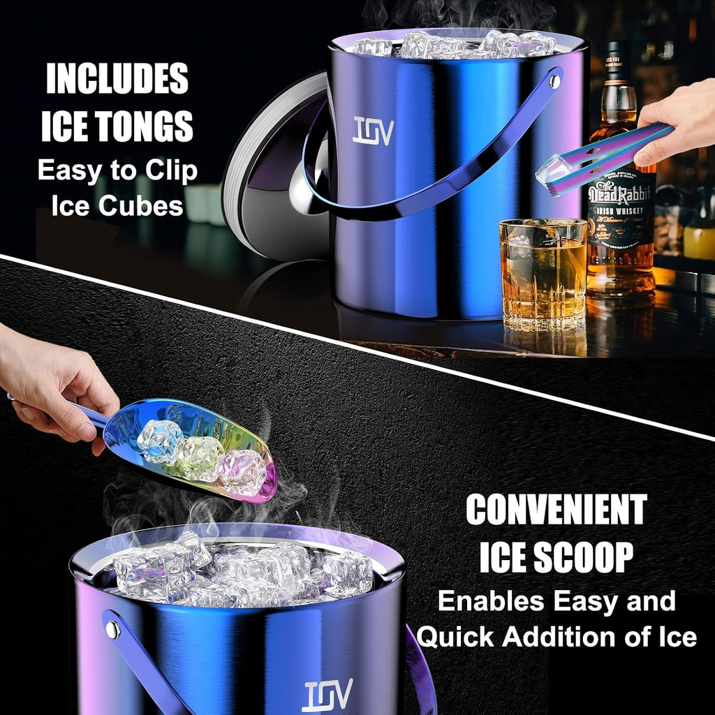 Ice Bucket with Lid, Scoop, Tongs, and Strainer, 3 L Stainless Steel Double Wall Insulated Ice Bucket for Parties