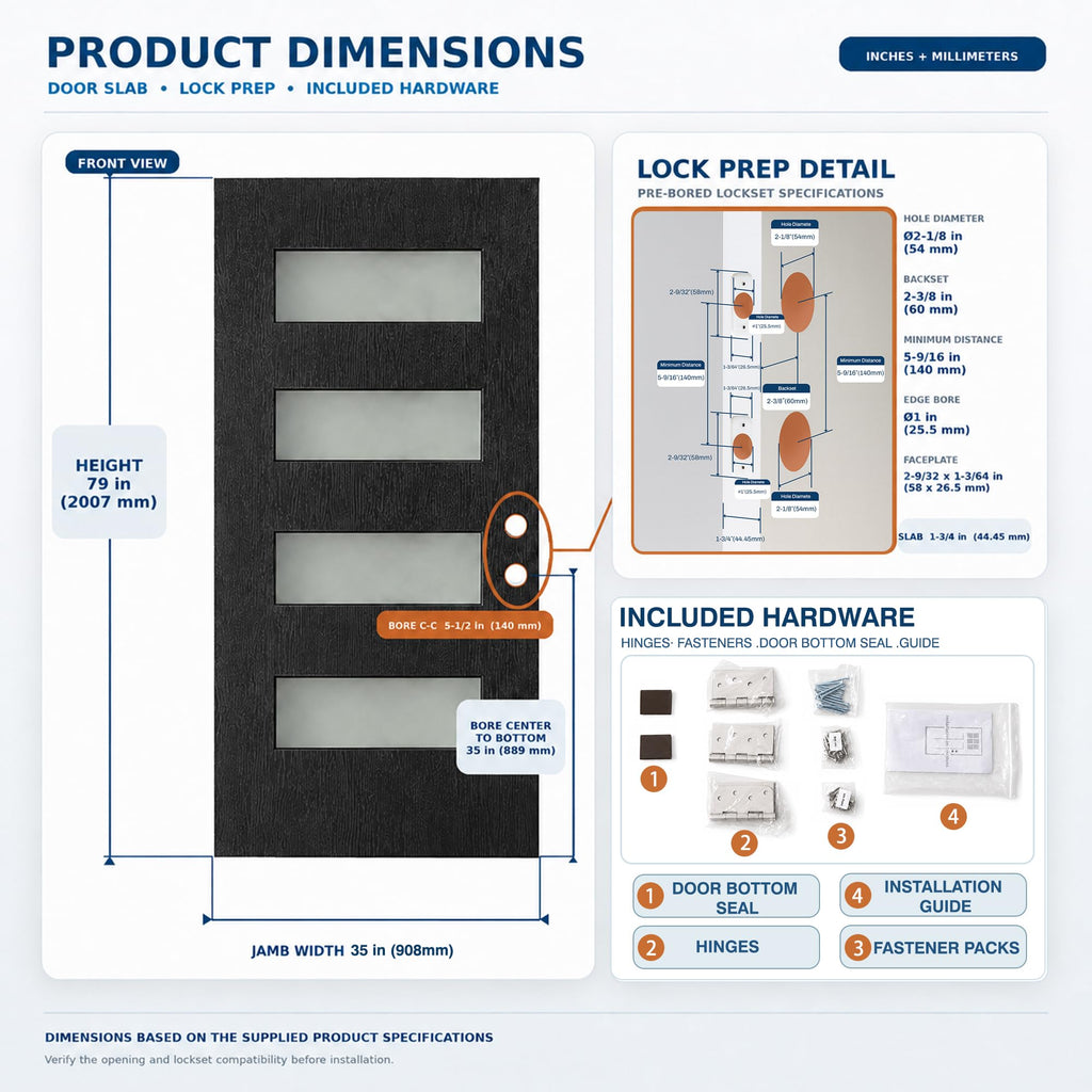 36 x 80 Black Fiberglass Front Entry Door, Woodgrain Texture, 4-Lite Frosted Low-E Glass, 4-9/16" Vinyl Frame &