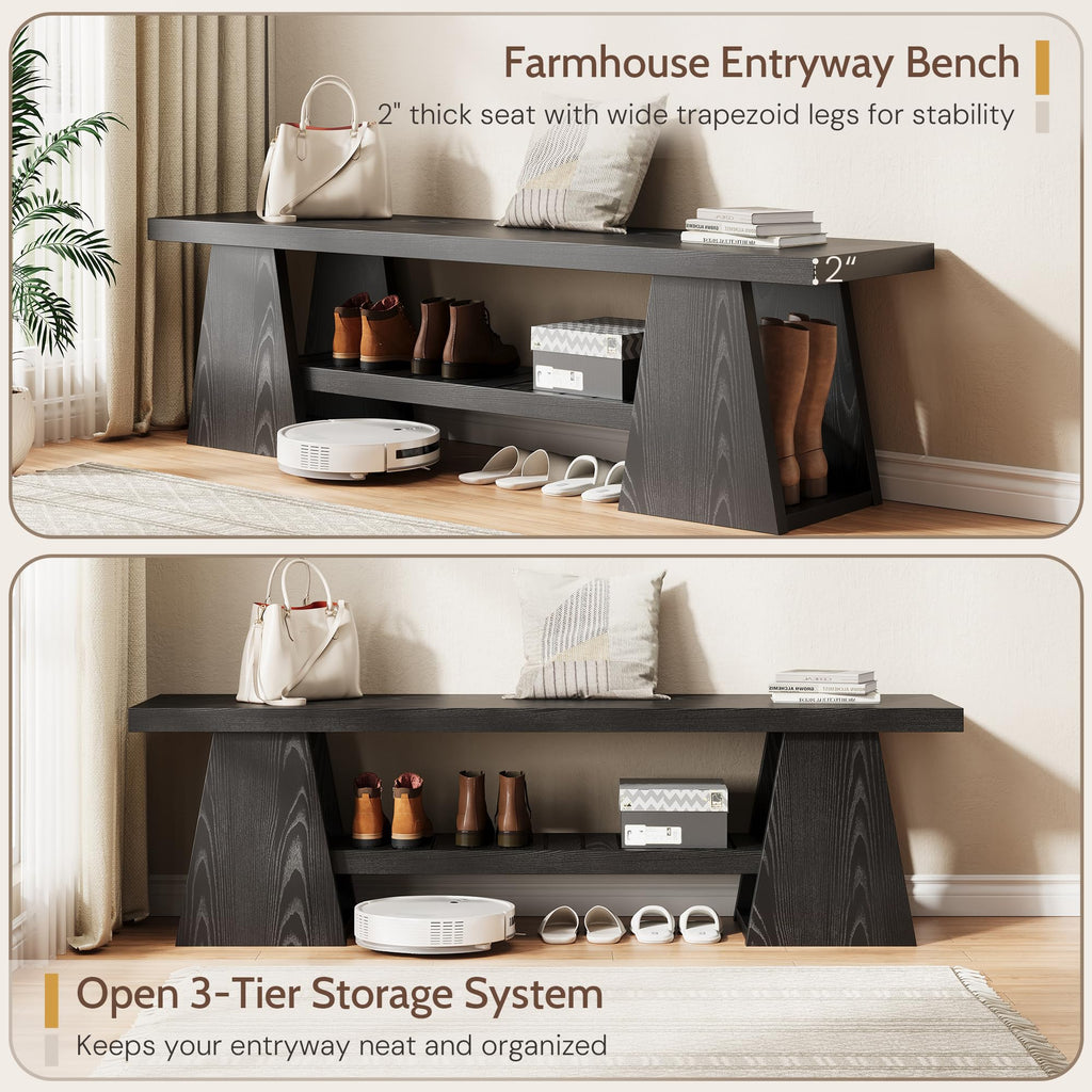 63'' Long Entryway Bench, Black Rustic Farmhouse Wooden Entry Way Bench Seat Indoor with Shoe Storage Shelf, 3-Tier